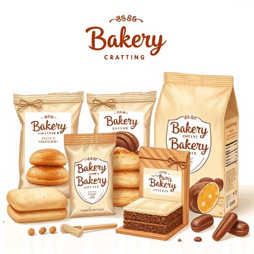 Ambachtelijke verpakkingen en branding elementen voor een bakkerij, met warme kleuren en handgetekende illustraties.