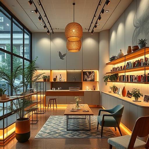 Artistiek ingerichte concept store 'Atelier Luna' met kunstobjecten, designmeubels en sfeervolle verlichting
