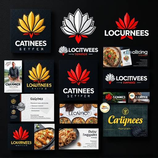 Een collage van logo's, visitekaartjes en verpakkingsontwerpen die de diversiteit aan brandingmogelijkheden illustreren.
