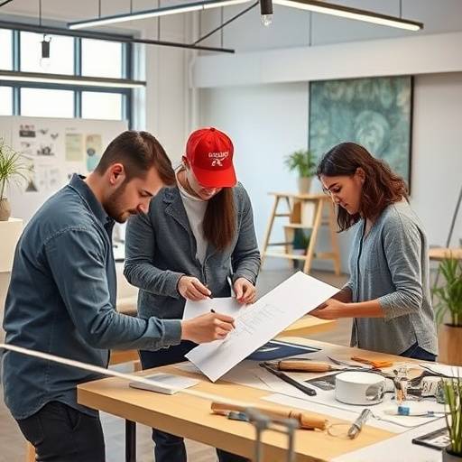 Een team van creatieve ontwerpers die samenwerken rond een tafel met schetsen en prototypes in een lichte, moderne studio.