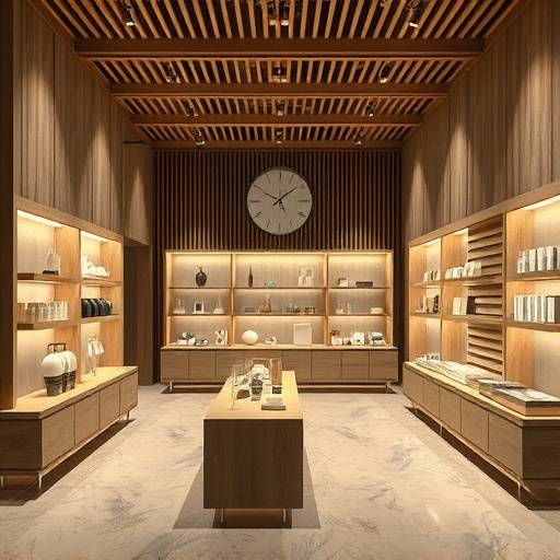 Esthetisch ingerichte winkelruimte voor een concept store, met natuurlijke materialen en een verfijnde presentatie van producten.