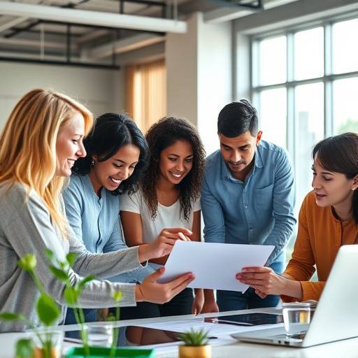 Illustratie van diverse personen die samenwerken aan een digitaal project, wat inclusie symboliseert.