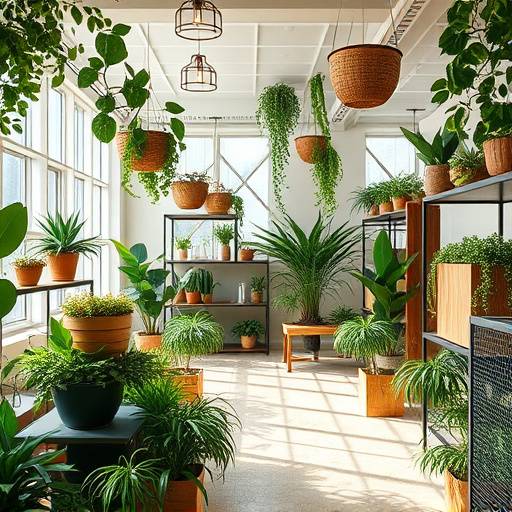Interieur van Bloom & Branch met veel planten, houten displays en zachte, natuurlijke verlichting
