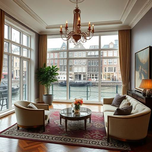 Luxe woonkamer met een panoramisch uitzicht over de grachten van Amsterdam, ingericht met op maat gemaakte meubels en kunstwerken.