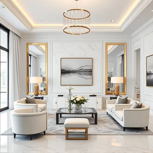 Luxe woonkamer van een Nova Homes appartement met marmeren accenten, designerlampen en een comfortabele zithoek