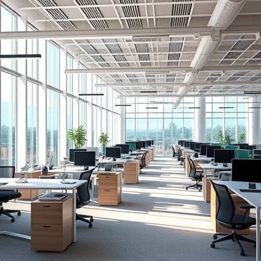 Modern kantoorinterieur met open ruimtes, ergonomische werkplekken en veel natuurlijk licht, ontworpen voor innovatie.