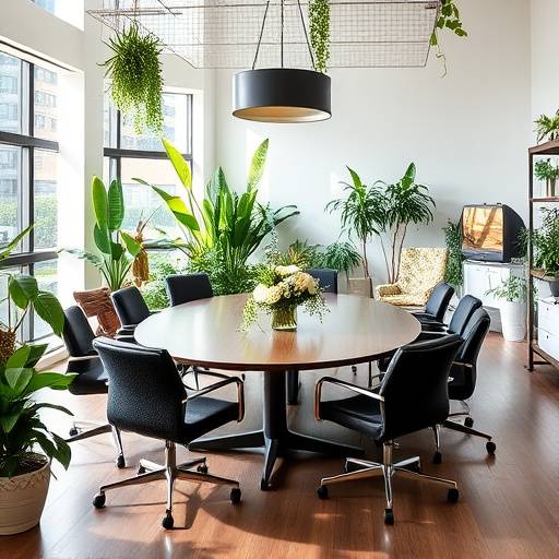 Moderne vergaderruimte in het kantoor van Veridia Consulting met een grote tafel, comfortabele stoelen en groen van planten
