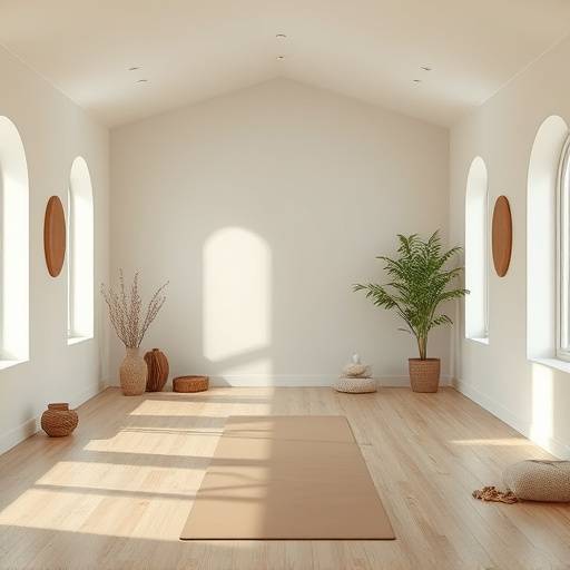 Rustige, serene interieur van 'Studio Harmony' yogastudio met zachte kleuren en natuurlijke materialen