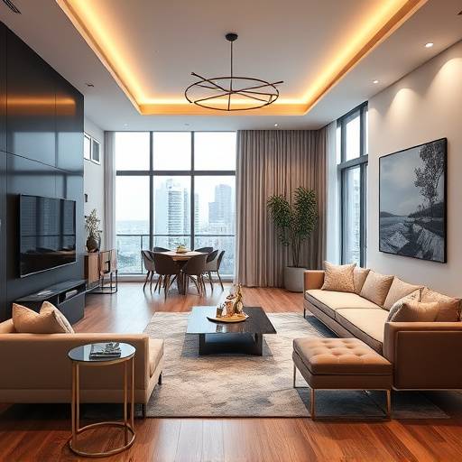 Stijlvolle woonkamer van een luxe appartement ontworpen door Nova Homes met moderne meubels en kunstwerken