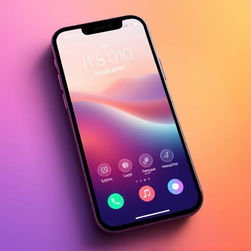 Strakke, minimalistische interface van een meditatie-app op een smartphone, met kalmerende kleuren en intuïtieve bediening.