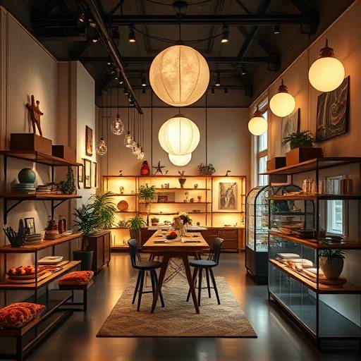 Uniek en artistiek interieur van concept store 'Atelier Luna' met displaymeubels en sfeervolle verlichting